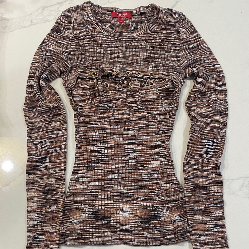 G2 Guess Multicolor Long Sleeve Top with perk a boo bust cut out with ties NWOT